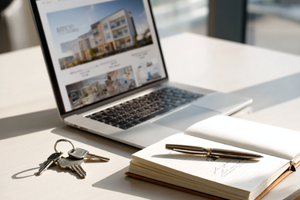Laptop mit Immobilien-Exposé auf dem Bildschirm, daneben ein Schlüsselbund und ein geöffnetes Notizbuch auf einem Schreibtisch – Symbol für professionellen Hausverkauf mit Makler.